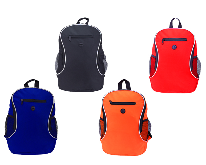 Mochila tipo backpack con salida para audífonos en el frente y bolsa de malla con cierre para guardar el celular o dispositivo.