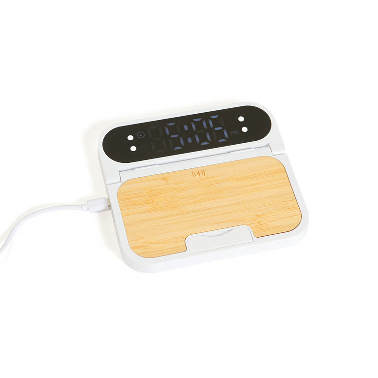 cargador Pólva personalizado de bambú con reloj y carga inalámbrica